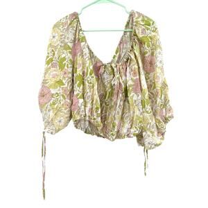 Rachel Zoe size Large crop top balloon sleeve linen blend floral top shirt‎ NWT